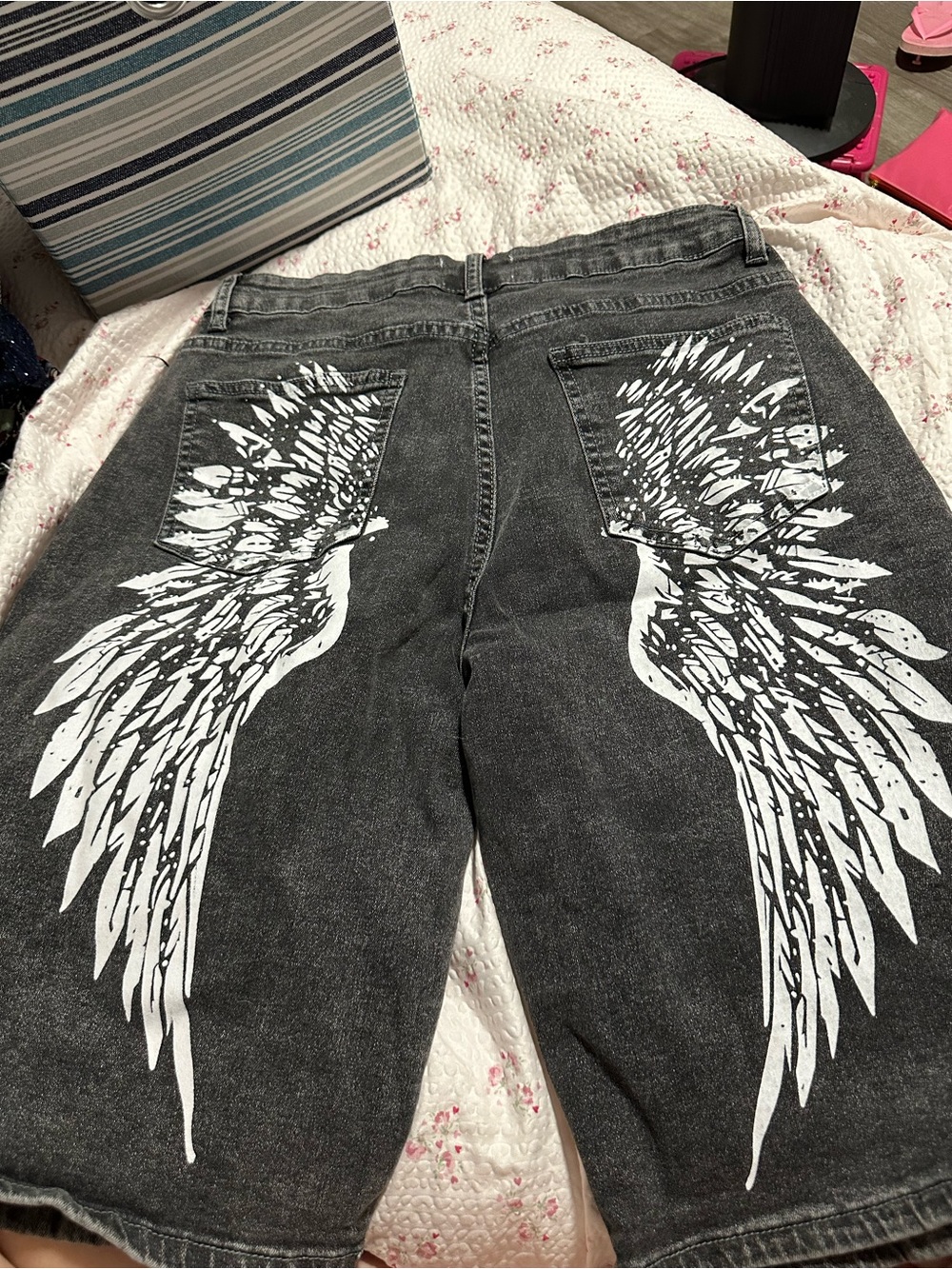 BAMBOO Black Washed Jeans Shorts with White Wing Graphic